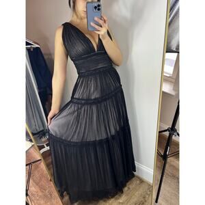 Vintage Tadashi Shoji Sleeveless Tiered Lace & Tulle Gown Whimsical Goth Black